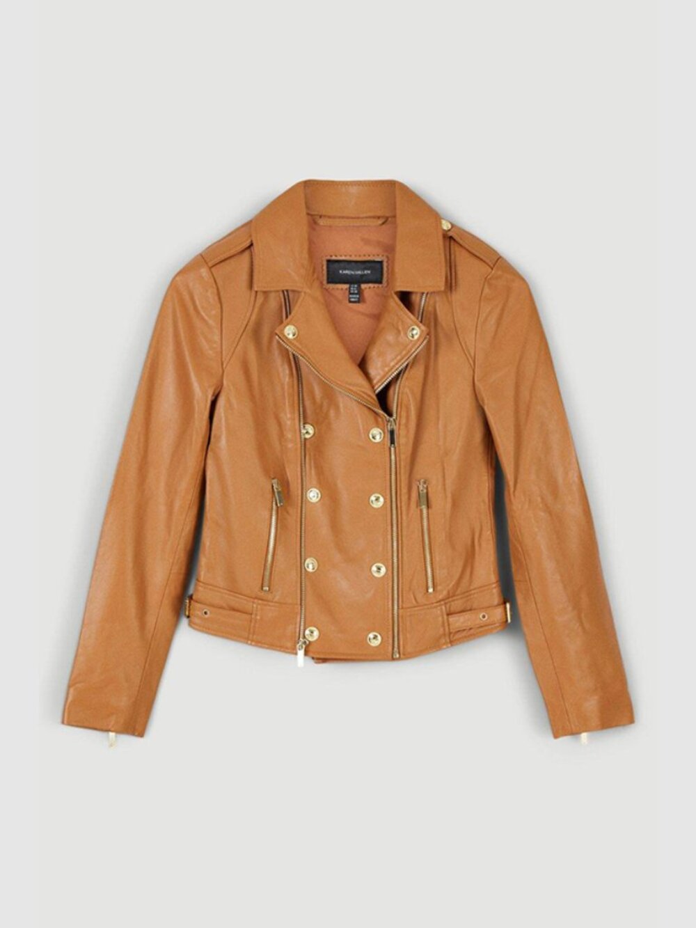 Karen Millen Military Leather Biker Jacket Women’s 6 Moto Congac Tan